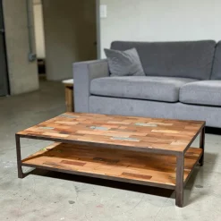 Table basse rectangulaire double plateaux bois recyclée 120x70x35cm CARAVELLE