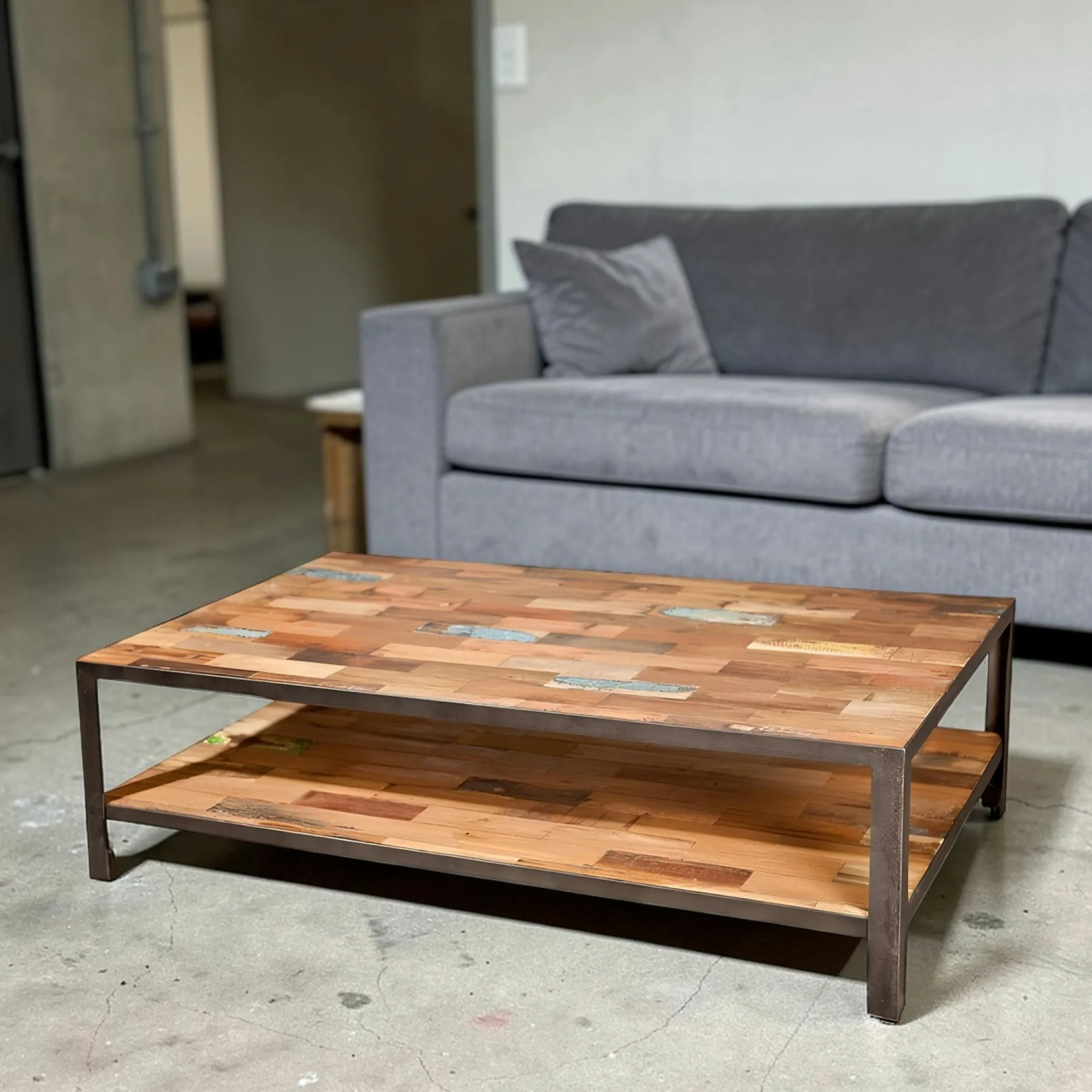 Table basse rectangulaire double plateaux bois recyclée 120x70x35cm CARAVELLE
