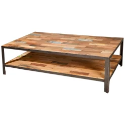 Table basse rectangulaire double plateaux bois recyclée 120x70x35cm CARAVELLE
