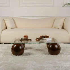Table basse rectangulaire en verre 4 pieds boule KOCHI