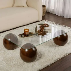 Table basse rectangulaire en verre 4 pieds boule KOCHI