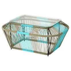 Table basse rectangulaire en métal et verre, turquoise et naturel 88x60x40cm