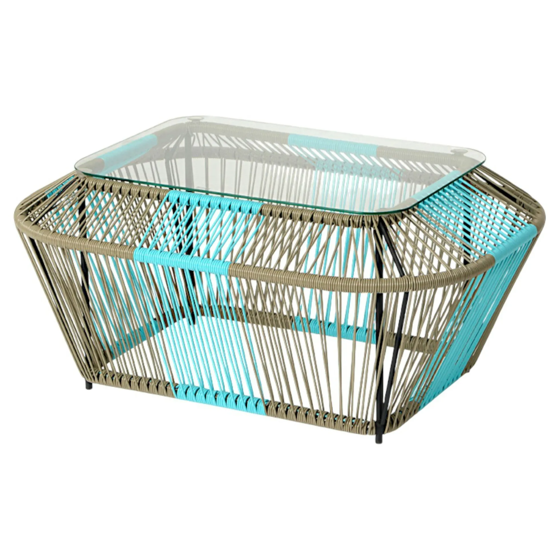Table basse rectangulaire en métal et verre, turquoise et naturel 88x60x40cm