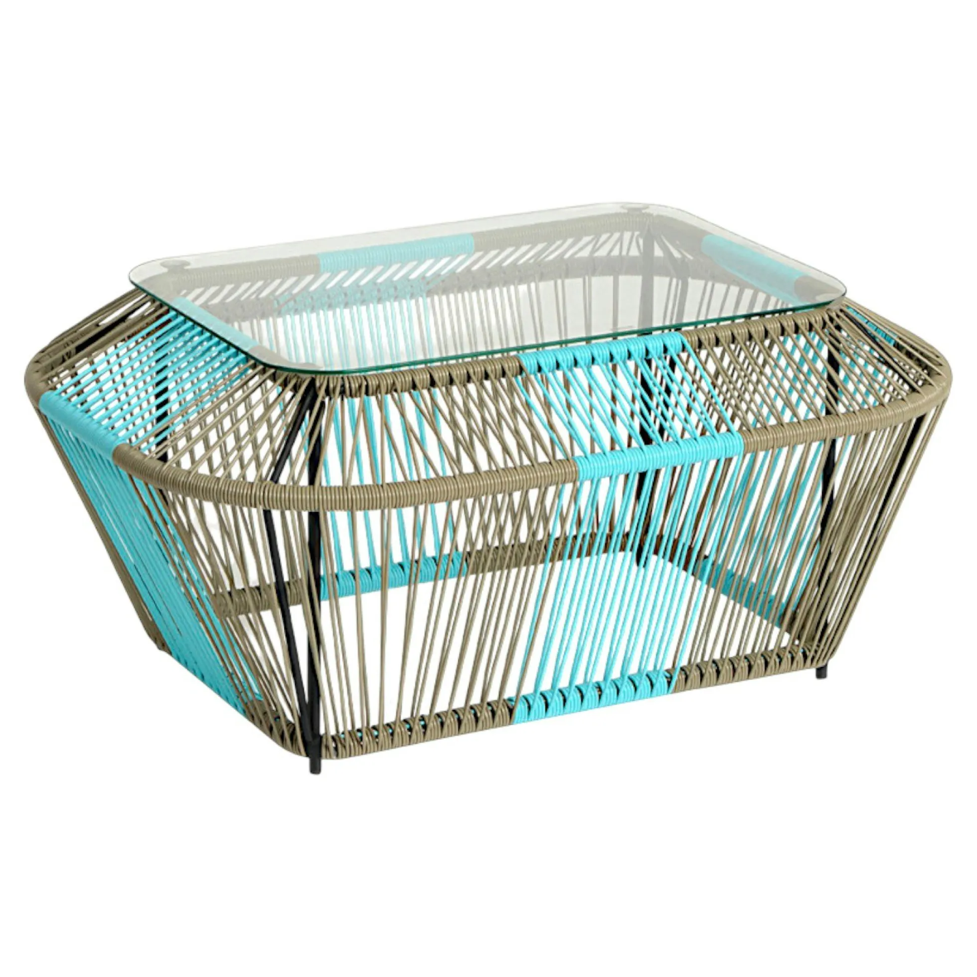 Table basse rectangulaire en métal et verre, turquoise et naturel 88x60x40cm