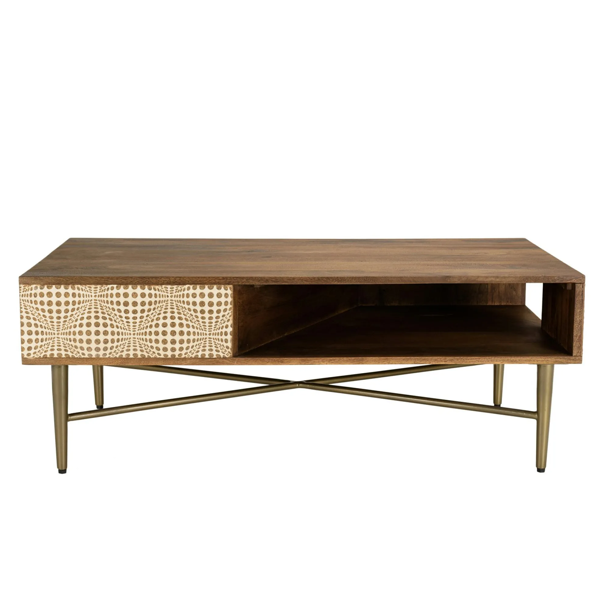 Table basse rectangulaire plateau bois semi ouvert pieds dorés KANHA