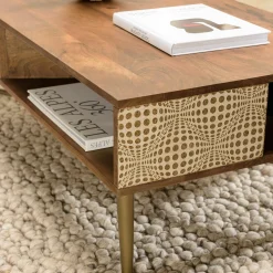 Table basse rectangulaire plateau bois semi ouvert pieds dorés KANHA