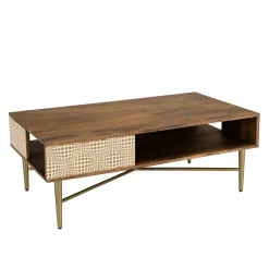 Table basse rectangulaire plateau bois semi ouvert pieds dorés KANHA