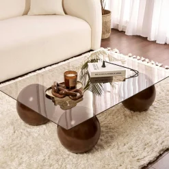 Table basse rectangulaire verre ambré 4 pieds boule KOCHI