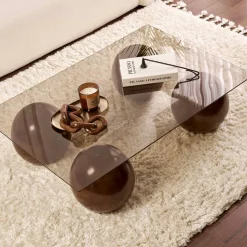 Table basse rectangulaire verre ambré 4 pieds boule KOCHI
