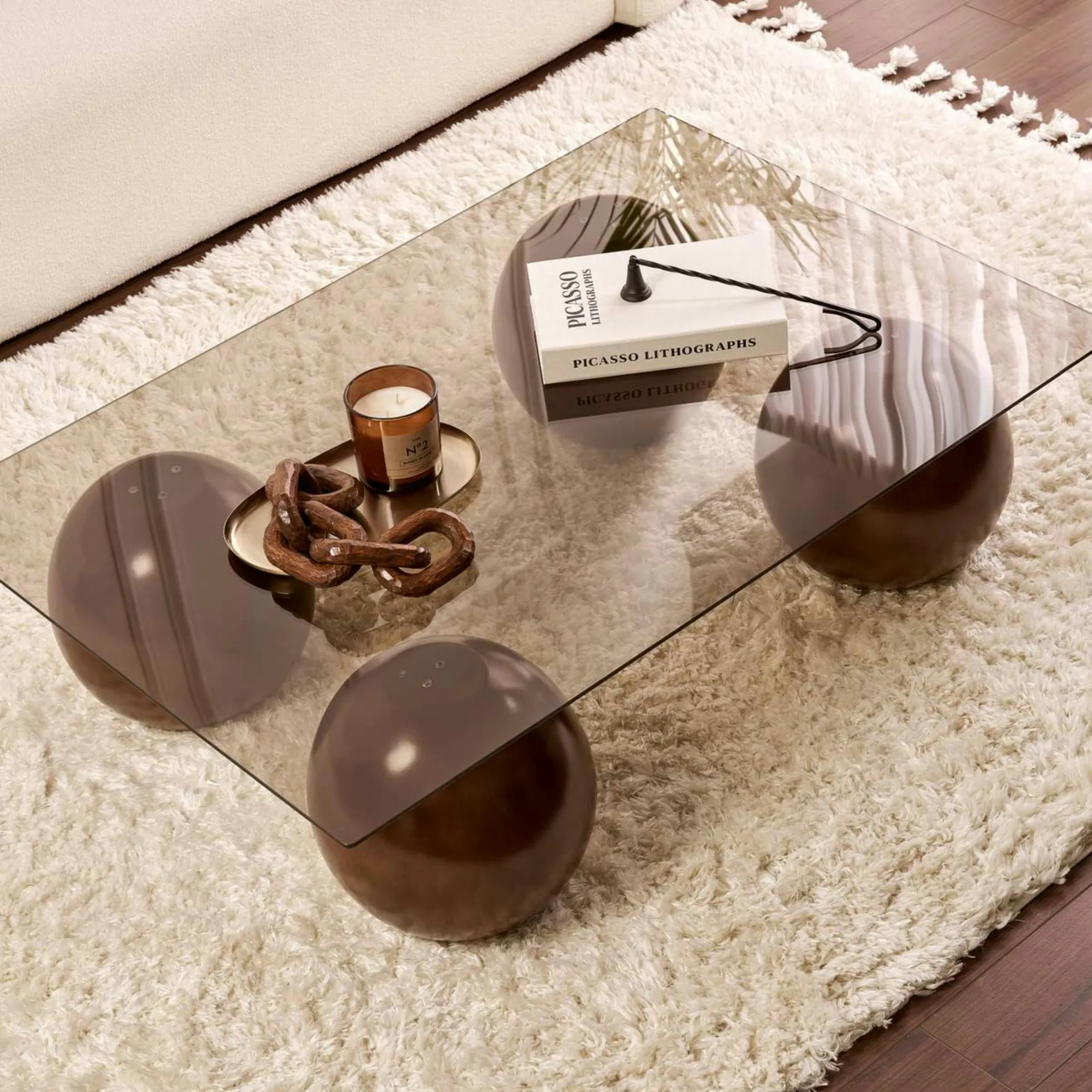 Table basse rectangulaire verre ambré 4 pieds boule KOCHI