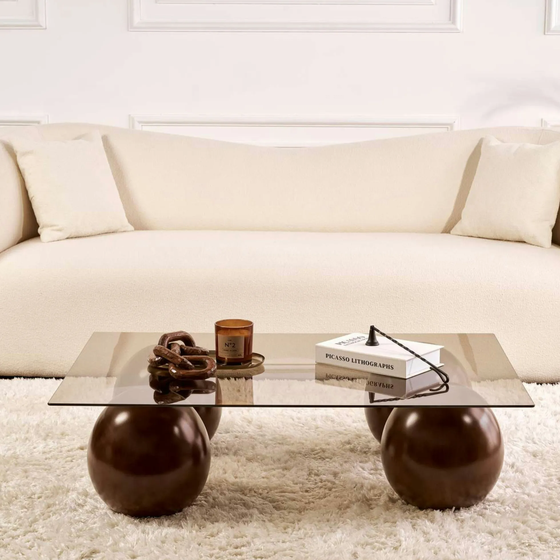 Table basse rectangulaire verre ambré 4 pieds boule KOCHI