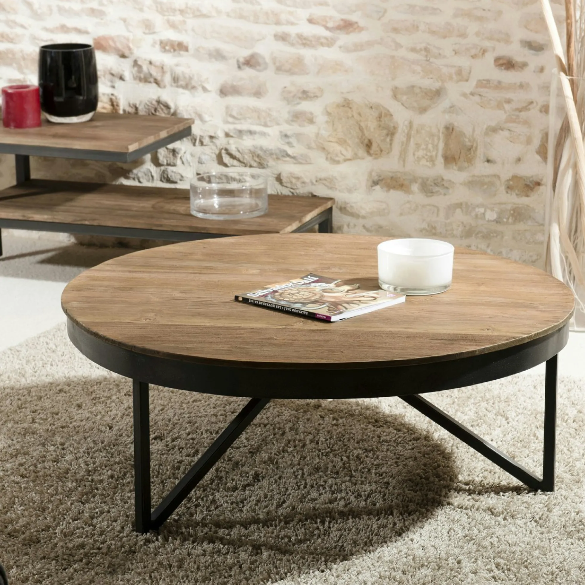 Table basse ronde bois de teck recyclé métal noir grand modèle SWING