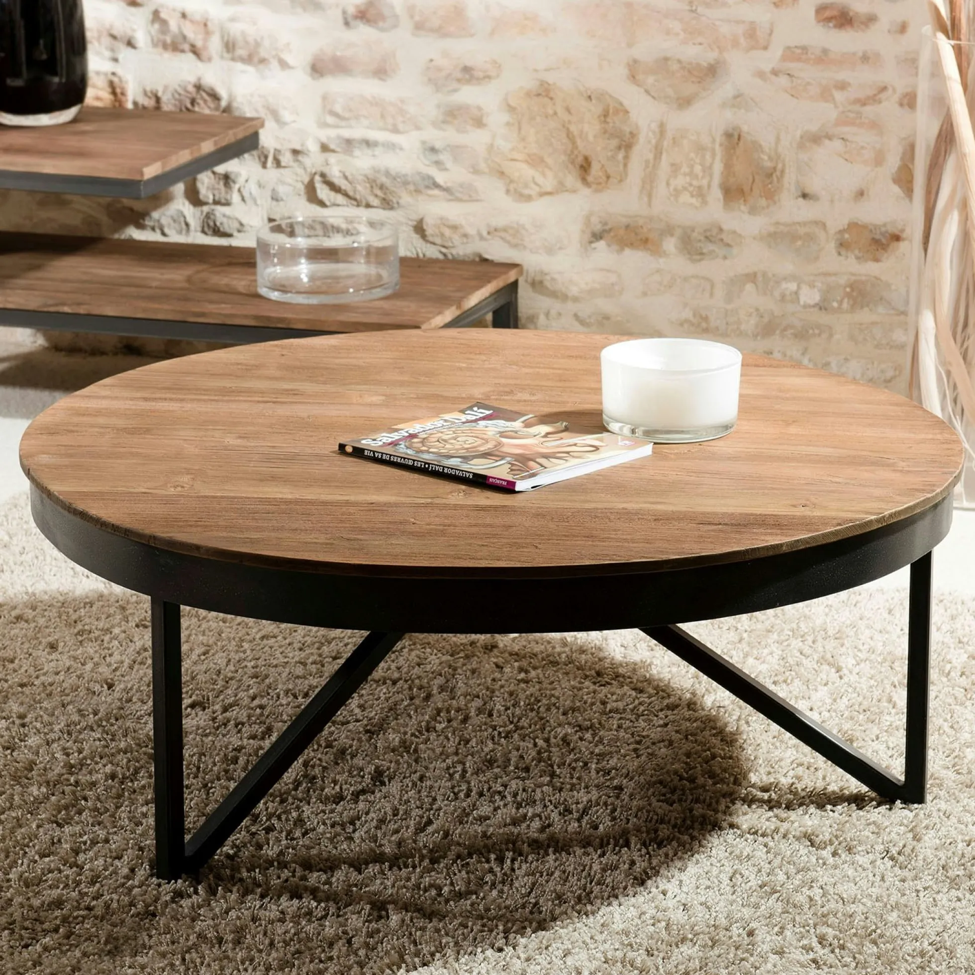 Table basse ronde bois de teck recyclé métal noir grand modèle SWING