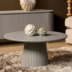 Table basse ronde bois gris à pied rainuré CALERO
