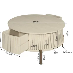 Table basse ronde bois sable 2 tiroirs rainurés CORTINA