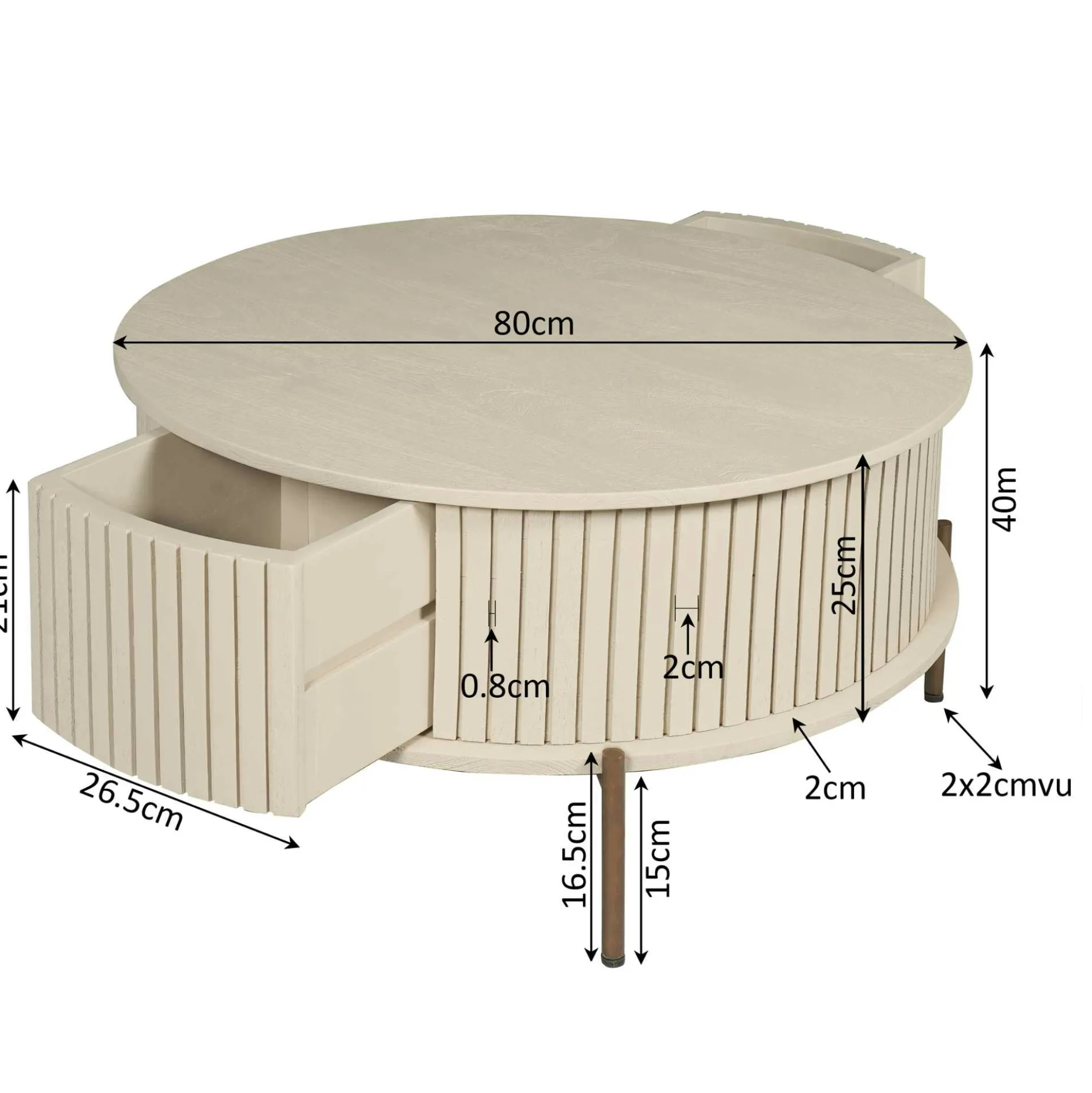 Table basse ronde bois sable 2 tiroirs rainurés CORTINA