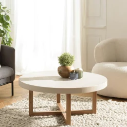 Table basse ronde béton beige pieds bois croisés DIKA