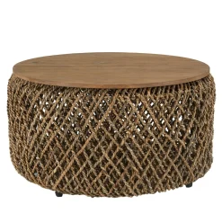 Table basse ronde 70 cm fibre tressée et bois SWING