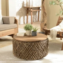 Table basse ronde 70 cm fibre tressée et bois SWING