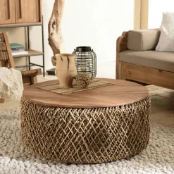 Table basse ronde 83 cm fibre tressée et bois SWING