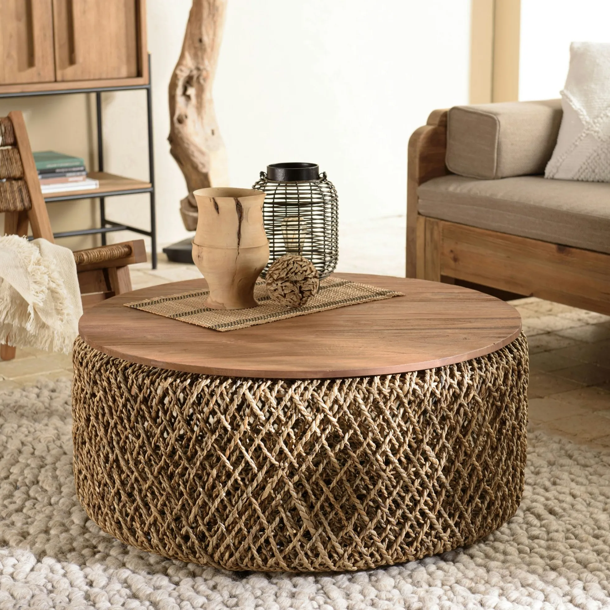 Table basse ronde 83 cm fibre tressée et bois SWING