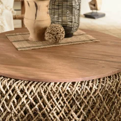 Table basse ronde 83 cm fibre tressée et bois SWING