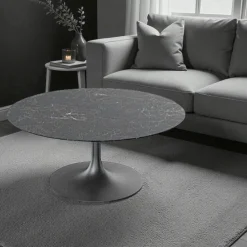Table basse ronde céramique grise marbrée, pied tulipe LIGURIE