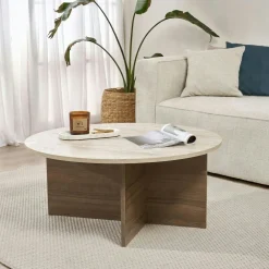 Table basse ronde décor travertin et noyer MARFA