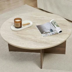 Table basse ronde décor travertin et noyer MARFA