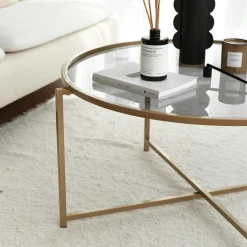 Table basse ronde design - verre fumé & métal doré TULUM