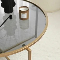 Table basse ronde design - verre fumé & métal doré TULUM