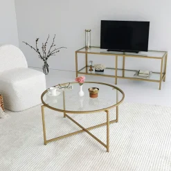 Table basse ronde design - verre & métal doré TULUM