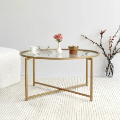 Table basse ronde design - verre & métal doré TULUM