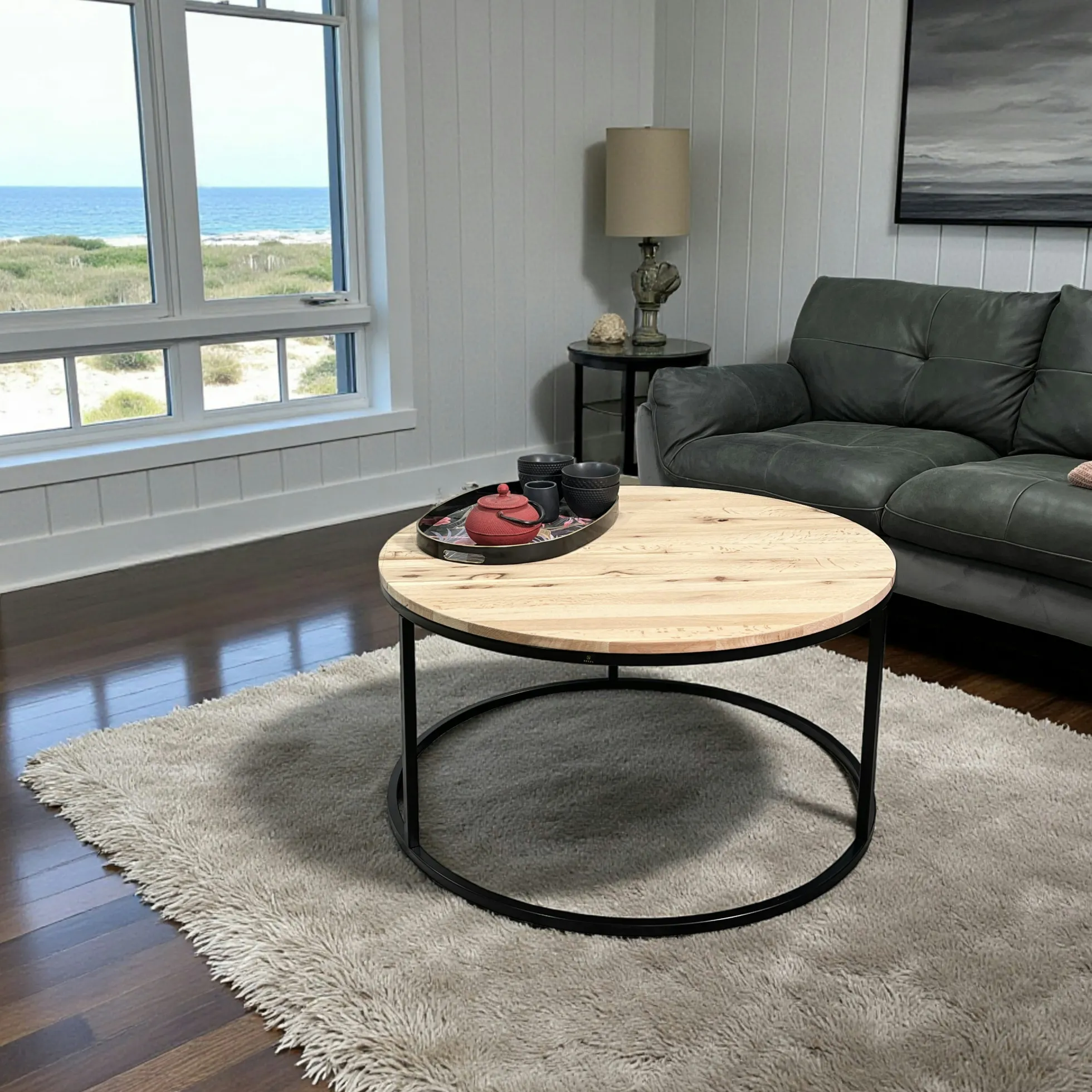 Table basse ronde diamètre 90 cm en chêne blanc PALERME