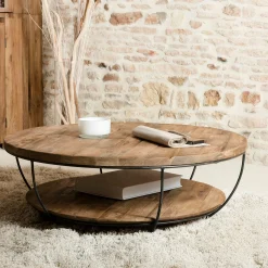 Table basse ronde double plateaux en teck recyclé et métal noir D100xH35cm SWING