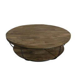 Table basse ronde double plateaux en teck recyclé et métal noir D100xH35cm SWING