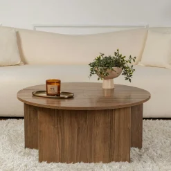 Table basse ronde effet bois de noyer - design puzzle MARFA