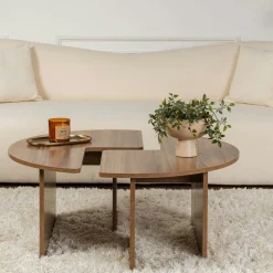 Table basse ronde effet bois de noyer - design puzzle MARFA
