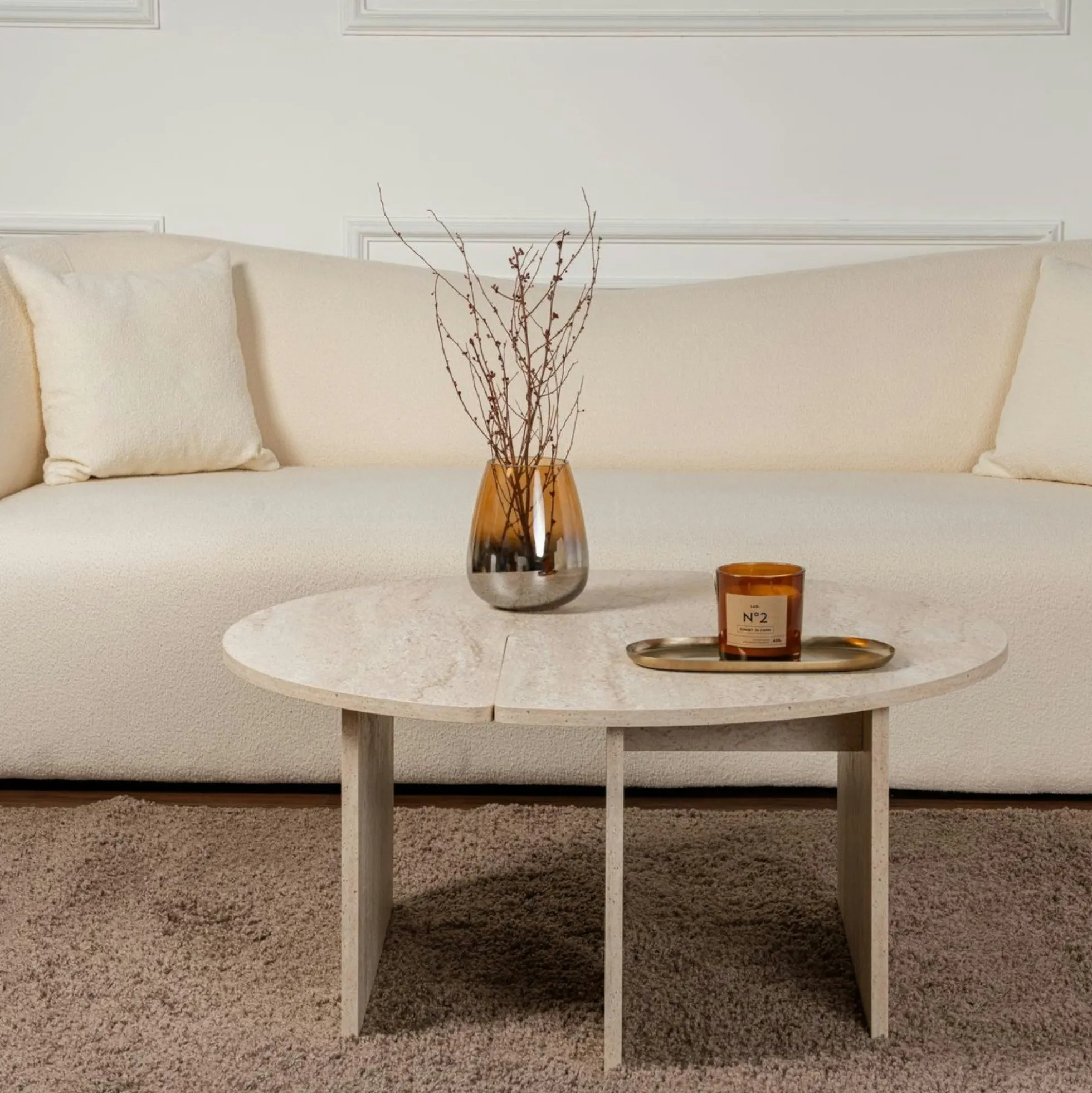 Table basse ronde effet travertin - design puzzle MARFA