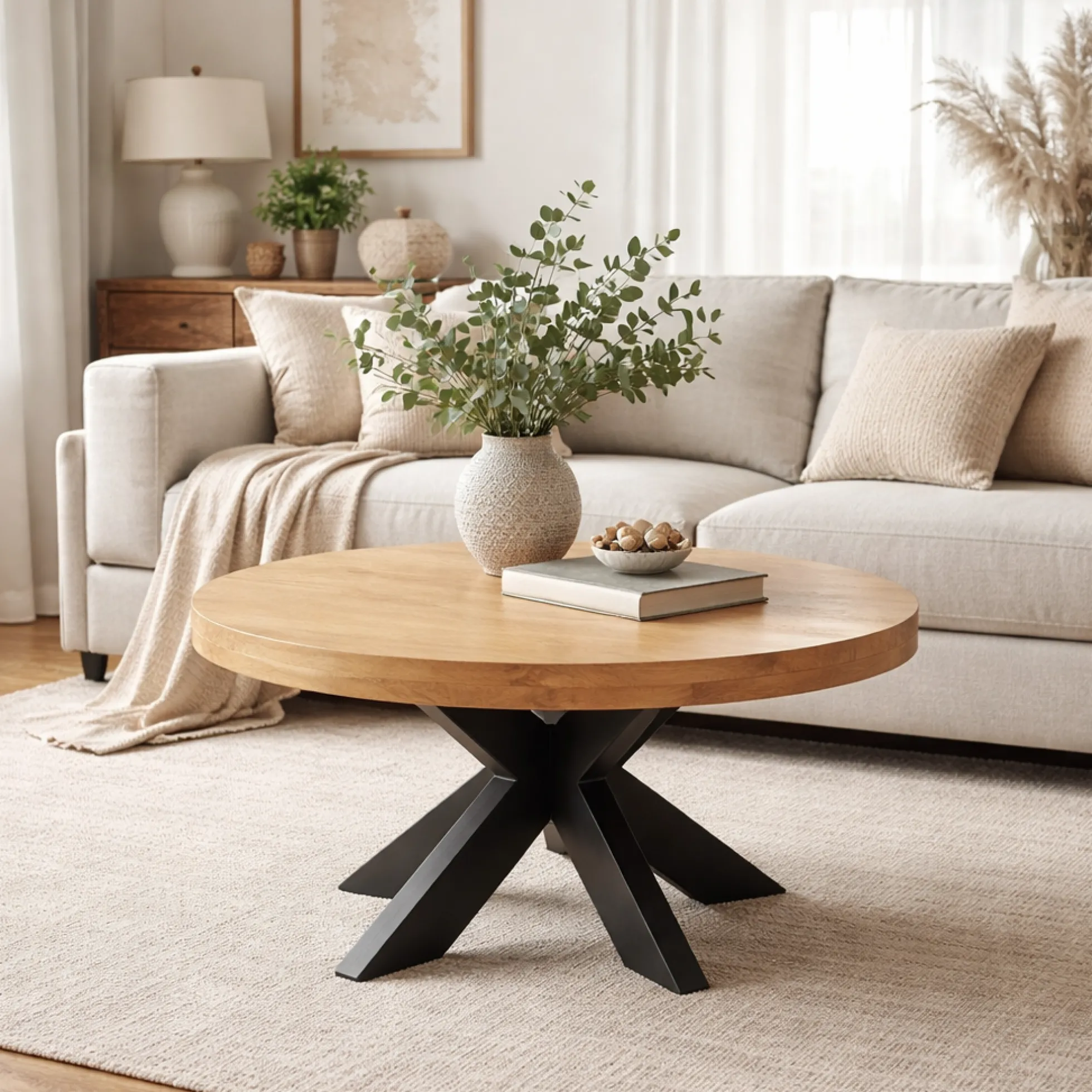 Table basse ronde en bois clair à pied croisé RIVANO