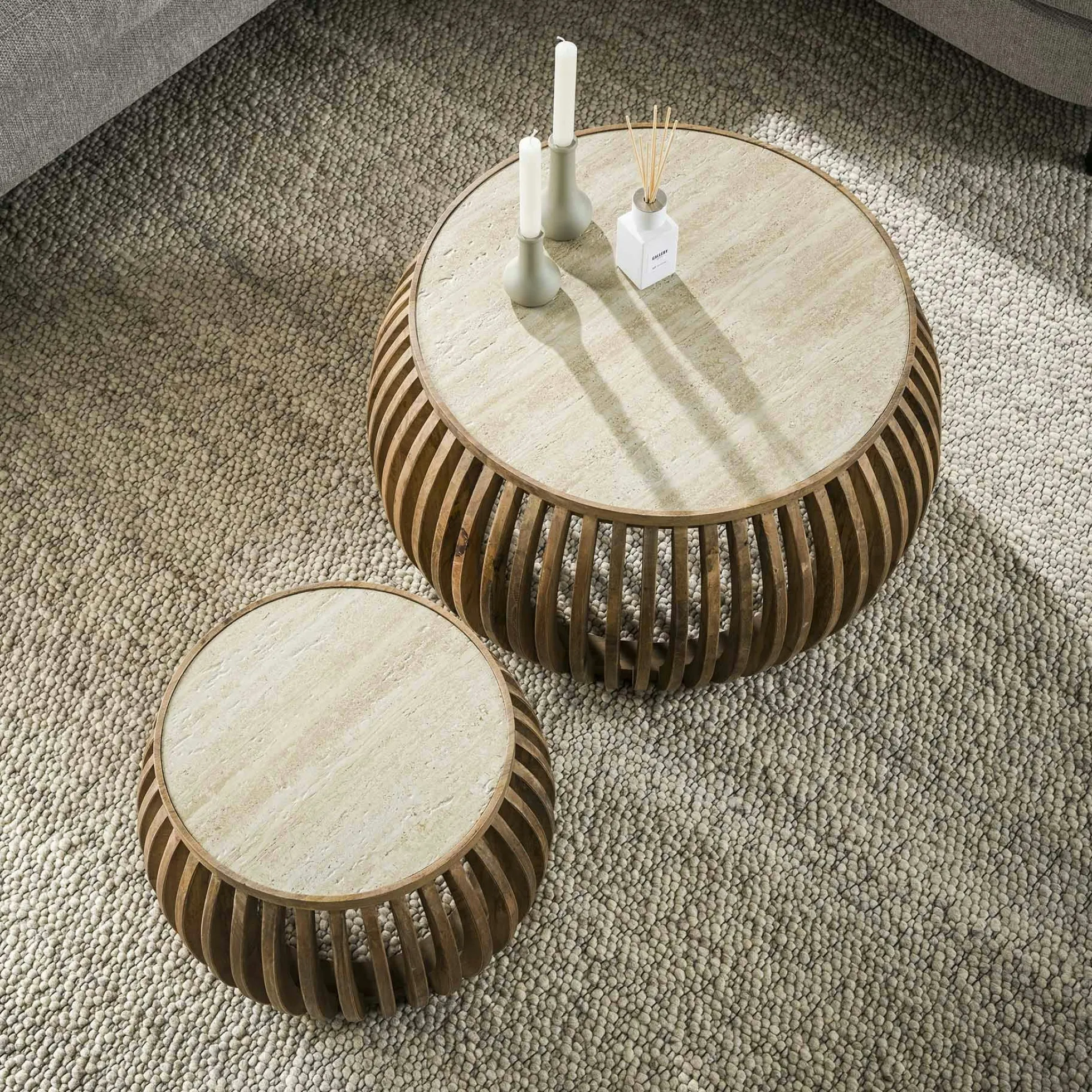 Table basse ronde en bois de manguier et céramique (lot de 2) ASCOLI