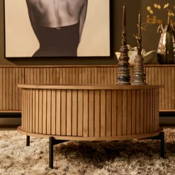 Table basse ronde en bois 2 tiroirs rainurés CORTINA