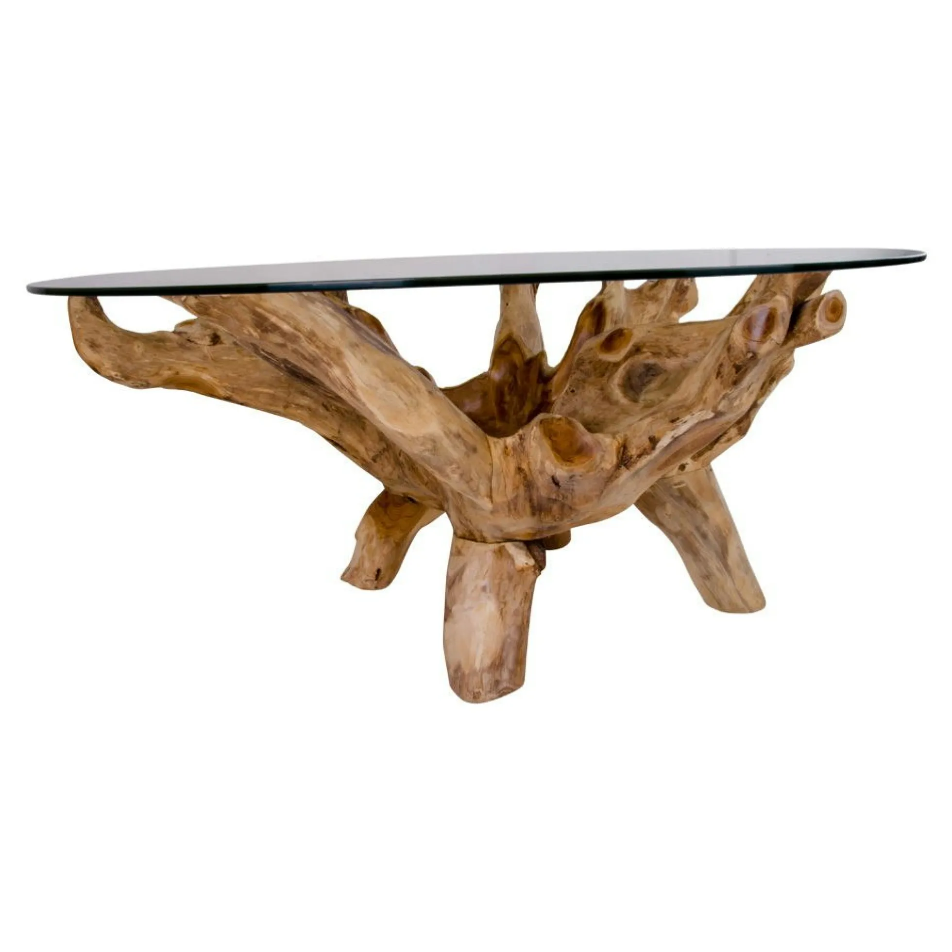 Table basse ronde en racine de teckØ110 cm - plateau verre ARIZONA