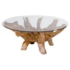 Table basse ronde en racine de teckØ110 cm - plateau verre ARIZONA