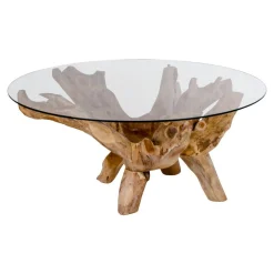 Table basse ronde en racine de teckØ110 cm - plateau verre ARIZONA