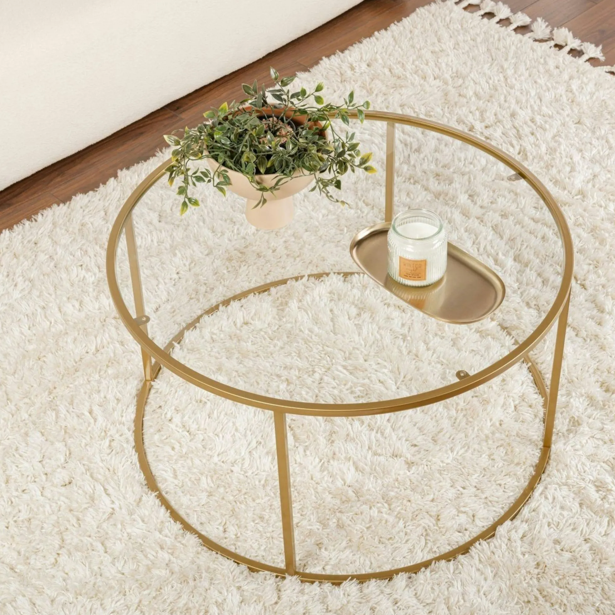 Table basse ronde en verre – cadre doré ⌀80 cm TULUM