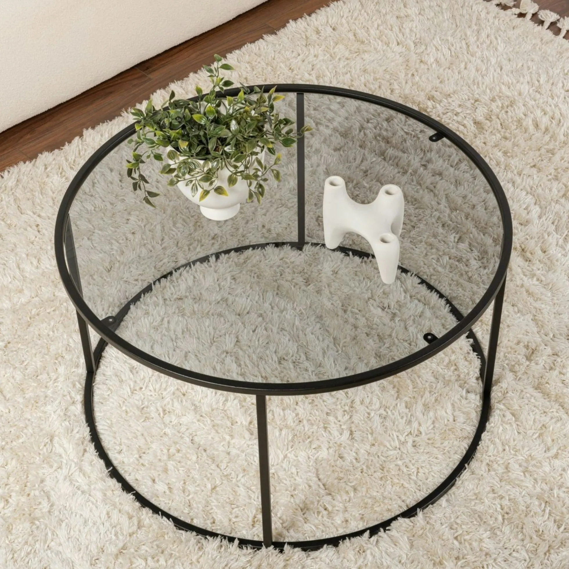 Table basse ronde en verre – cadre noir ⌀80 cm TULUM