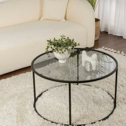 Table basse ronde en verre – cadre noir ⌀80 cm TULUM
