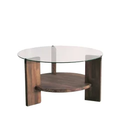 Table basse ronde en verre et bois brun - 2 plateaux ANZIO