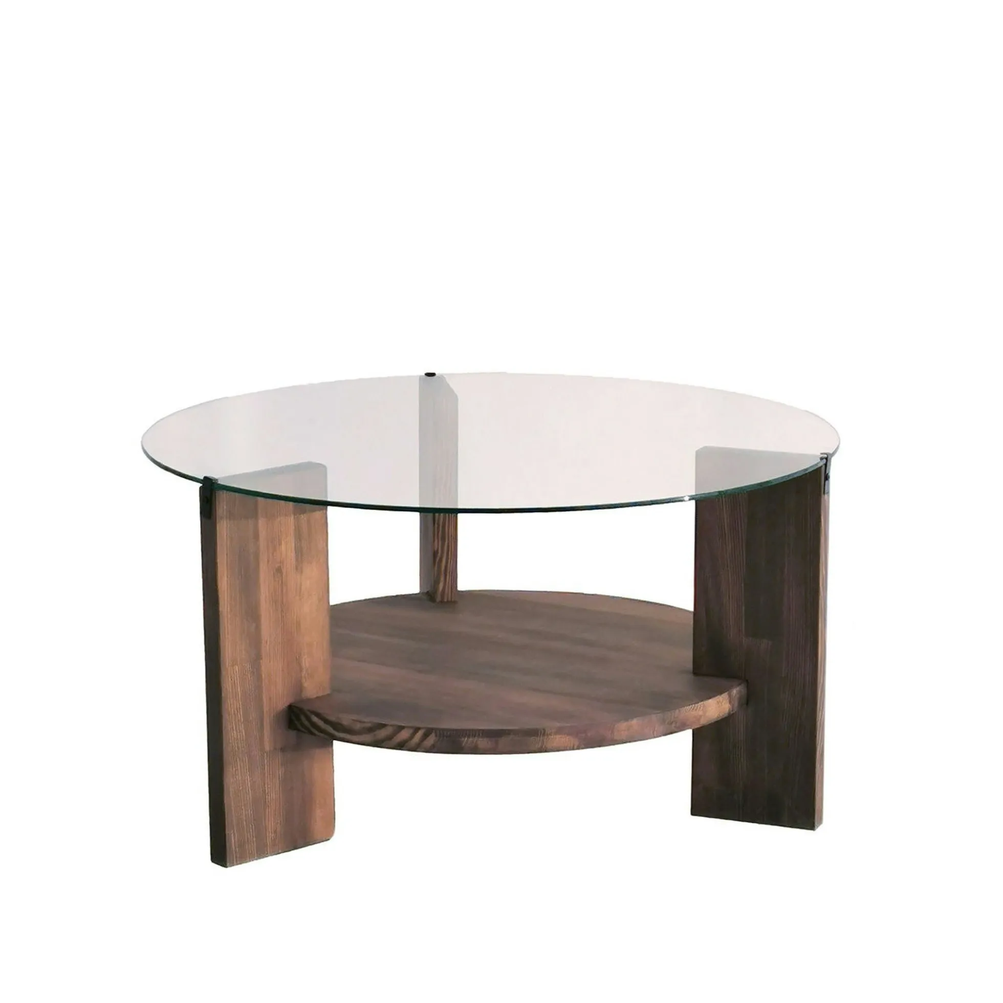 Table basse ronde en verre et bois brun - 2 plateaux ANZIO